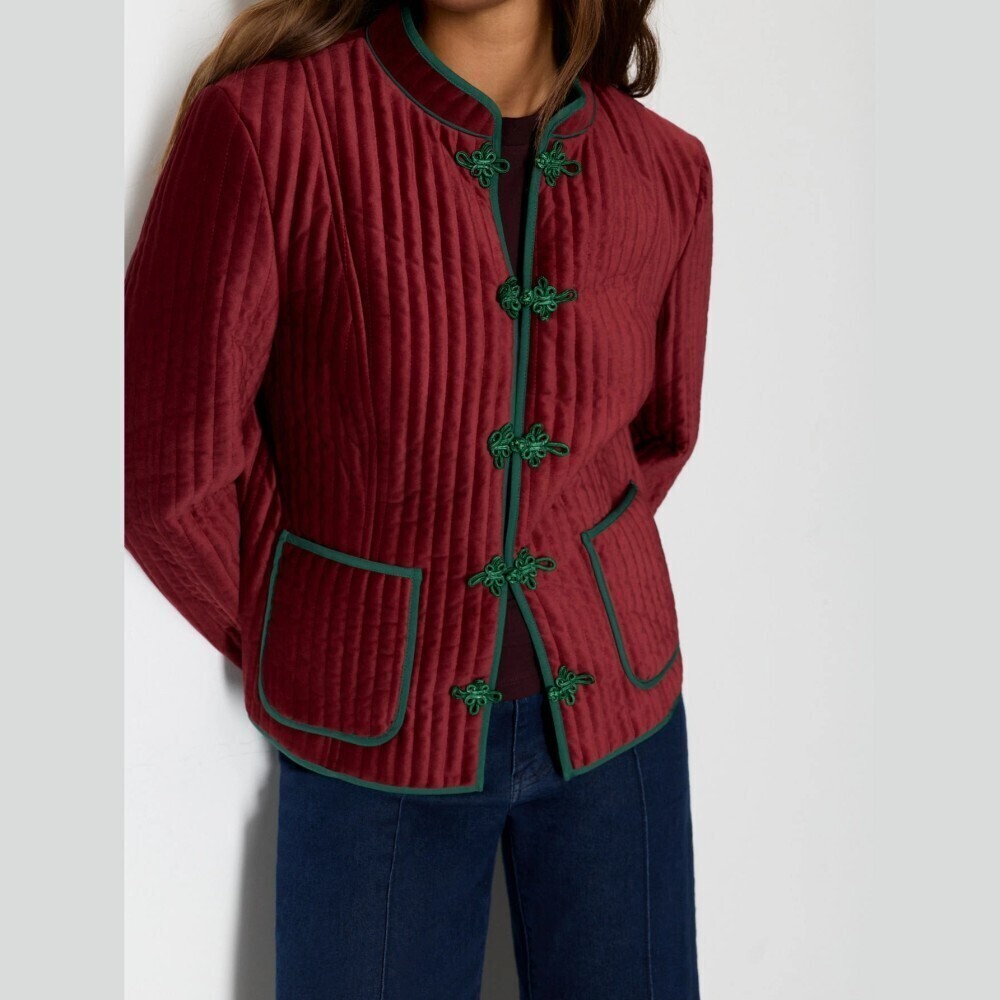 Burgundy Quilted Green Contrast Trim Frog Closure Collared Jacket